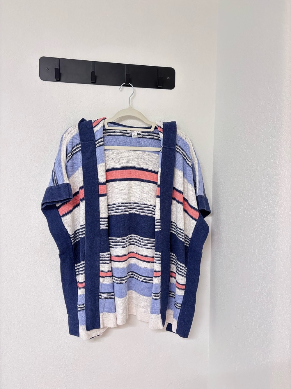 Nautica Striped Open-Front Cardigan in Navy, Light Blue & Coral